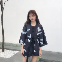 Японское женское кимоно Yukata Haori, карнавальные костюмы для девочек, Harajuku, свободные кимоно с принтом в виде Журавля, кардиган, верхняя одежда, повседневная куртка