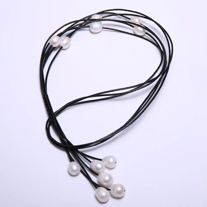 Black Leather 10-11 mm String Pearl Necklace 68 cm Long, 5 Star Pendant 10.5 cm Long