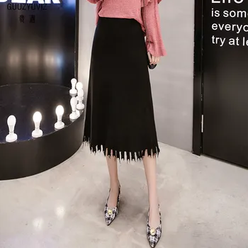

GUUZYUVIZ Autumn Winter Casual Skirts Womens High Waist Women Skirt 2018 Knitted Jupe Hiver Solid Saias Longas Para Mulheres