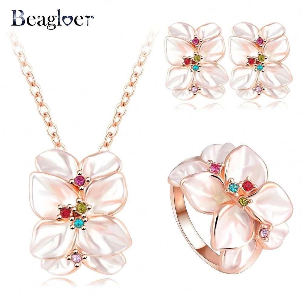 

Beagloer Hot Sale Jewelry Set Rose Gold Color Austrian Crystal Enamel Earring/Necklace/Ring Flower Set Choose Size Ring ST0002