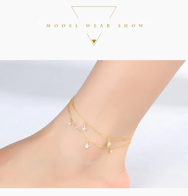 Qevila Fine Jewelry 100% 925 Sterling Silver Summer Ankle Bracelet Gold Anklet Elegant Star Foot Leg Chain Charm for Women Gift  (1)