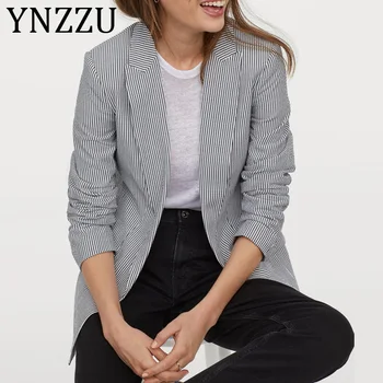 

YNZZU Striped Elegant Office Lady Blazer Coat Women 2019 Autumn New Formal Notched Collar Long Sleeve Female Jacket Suit A1058