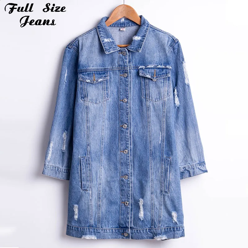 

Women Ripped Hole Boyfriend Oversize Light Blue Long Denim Jacket Spring Loose Frayed Long Jeans Coat Jean Jackets