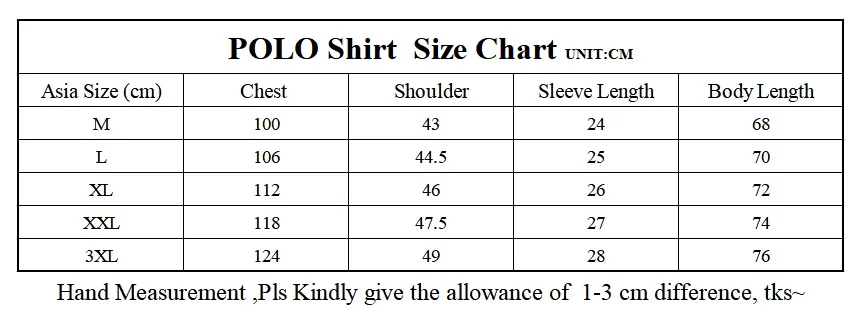 Mens Polo Shirt Size Chart