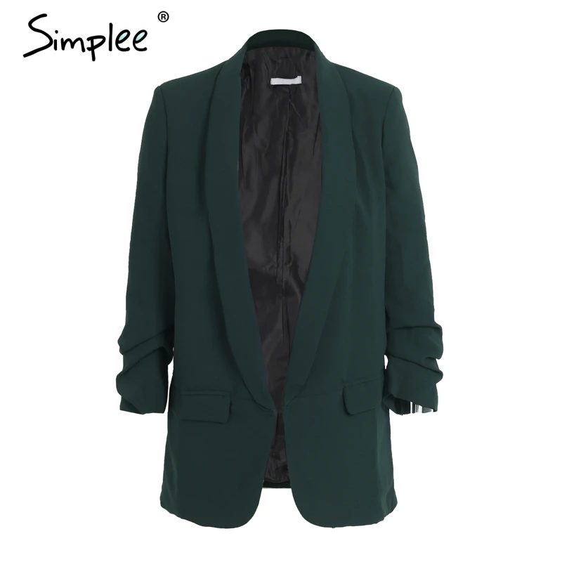 Simplee Turn-down pocket blazer coat women Ruched sleeve black suit blazer Cool OL slim winter outerwear female 2017 new