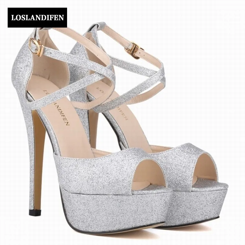 

2017 British Lace Up Thin High Heels Women Shoes Bling Sequins Open Toe Hollow Sandals Ankle Strap Woman for Female