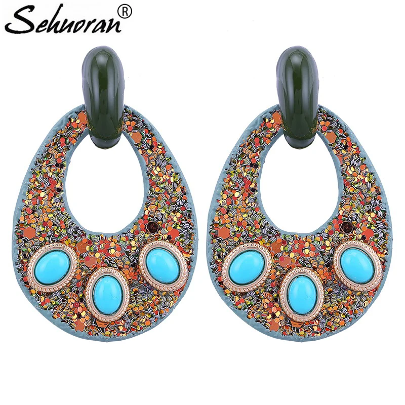 

Sehuoran Big Drop Earrings For Woman Fashion Artificial Leather Match Zinc Alloy Earrings With Stone New Arrived Bohemain Ear