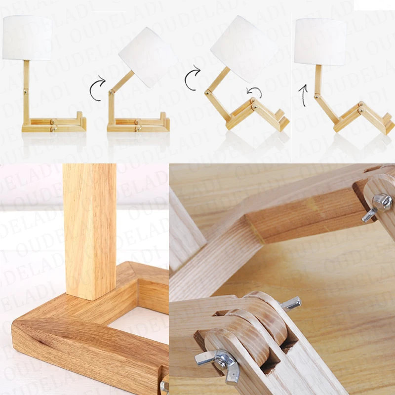 Kaufen Roboter Form Holz Tisch Lampe E14 Lampe Halter 110 240V Moderne Tuch Kunst Holz Schreibtisch Tisch Lampe Parlor indoor Studie Nacht Licht