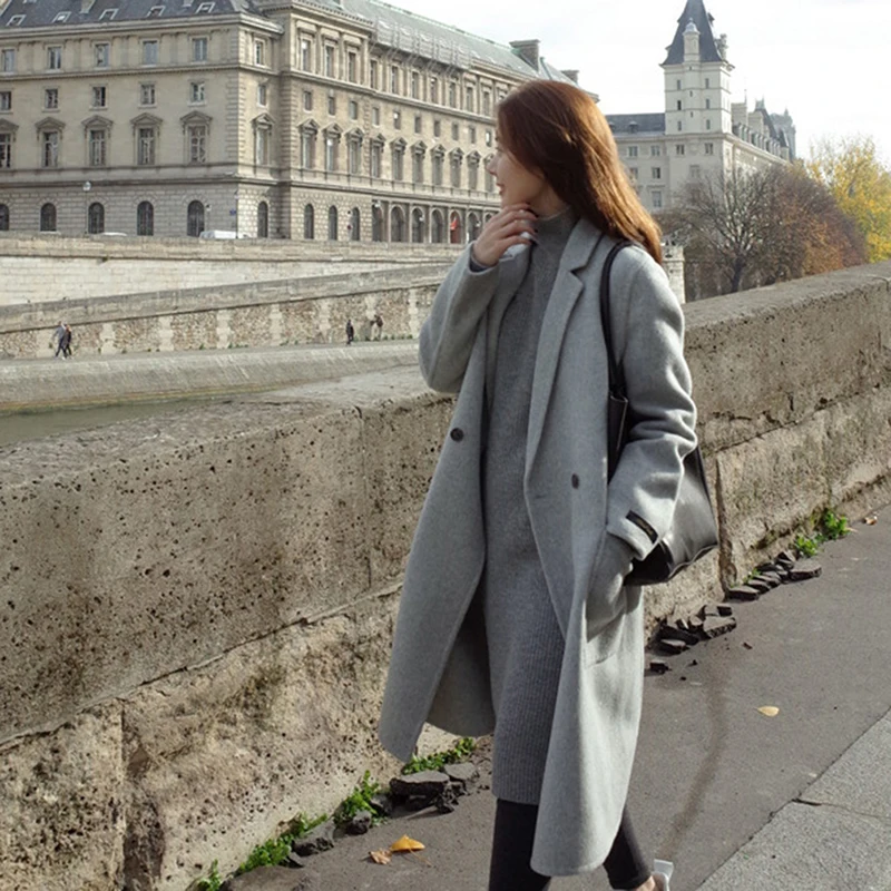 Women Autumn Winter Wool Coat Female Elegant Long Turn