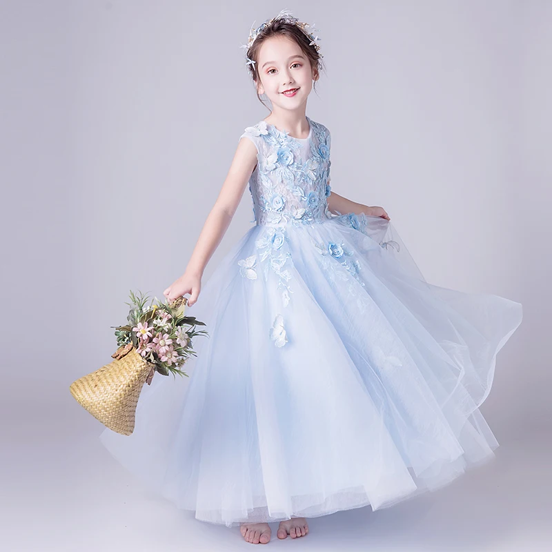 Floral Girl Wedding Dresses Elegant Light Blue Tulle Long First