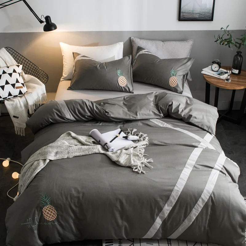 

European Style Dark Gray+Yellow Pineapple Pattern Simple Textile 3/4 Pcs Bedding Set Bedclothes Bed Linens Duvet Cover Set Sheet