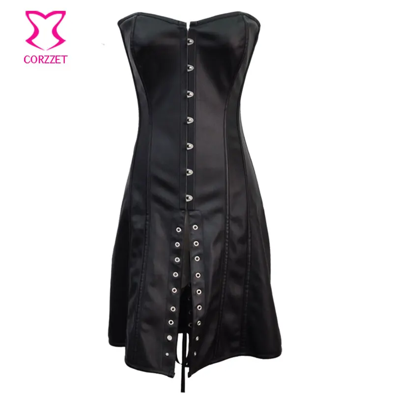 

Corzzet BlackFaux Leather steel Boned Steampunk Corset Long Dress Waist Trainer Burlesque Gothic Long Corset Dress