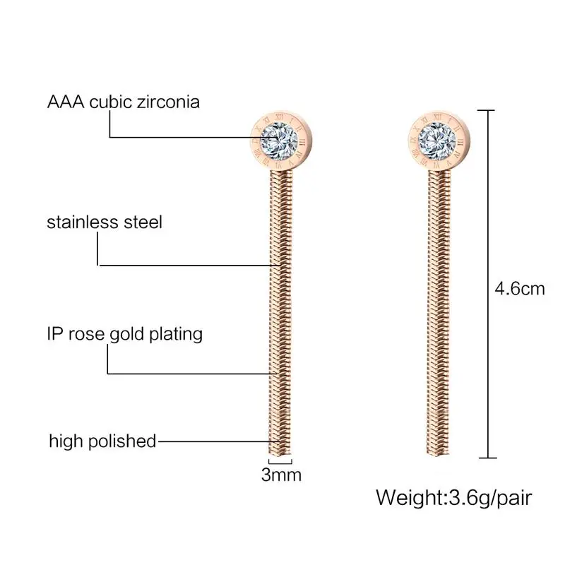 Длинные полосы розового золота цвет нержавеющая сталь висячие серьги Римский номер кубического циркония кулон серьги для женщин ювелирные изделия