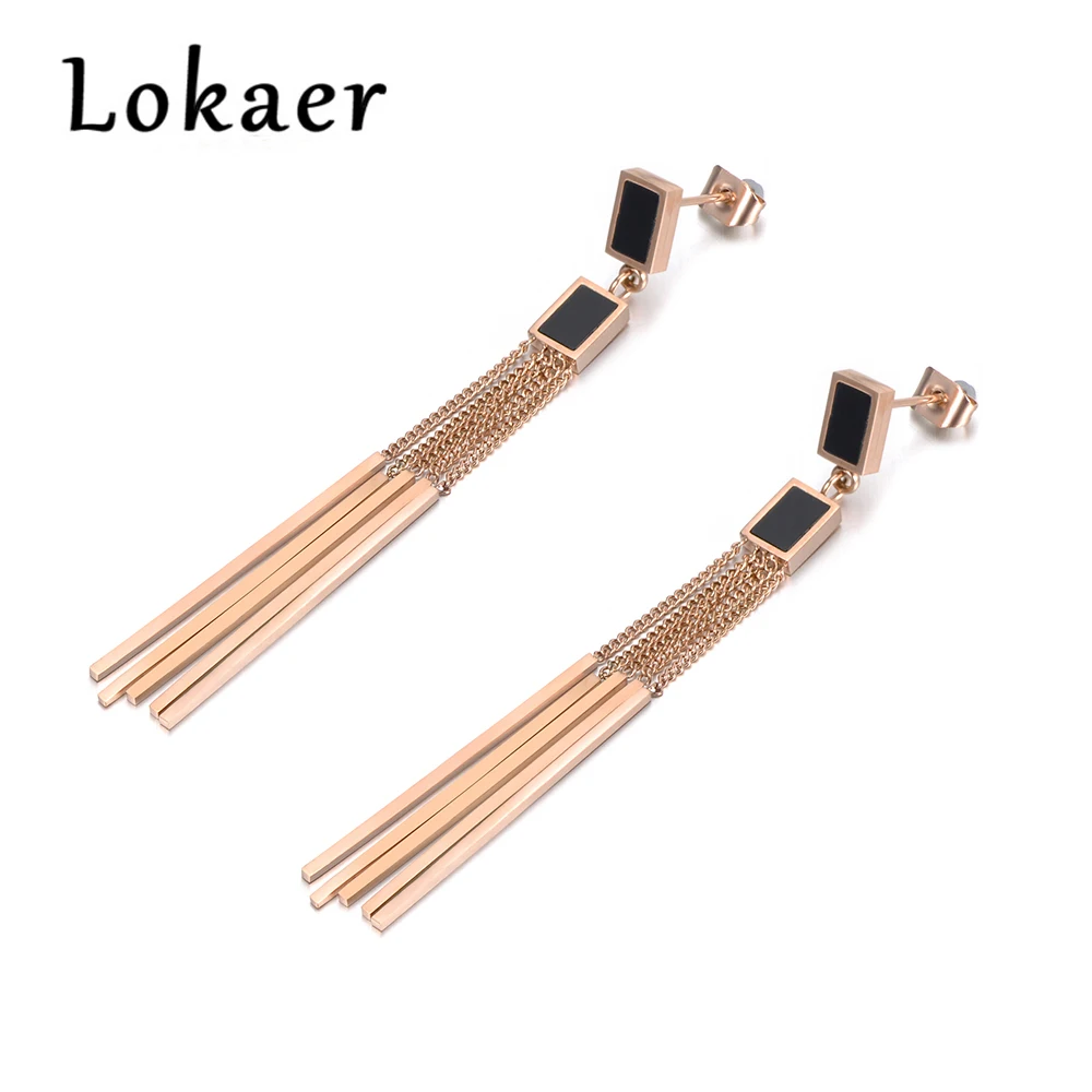 

Lokaer Black Square Stainless Steel Tassel Earrings Rose Gold Color Jewelry Hyperbole Punk Style Women Gift E18107