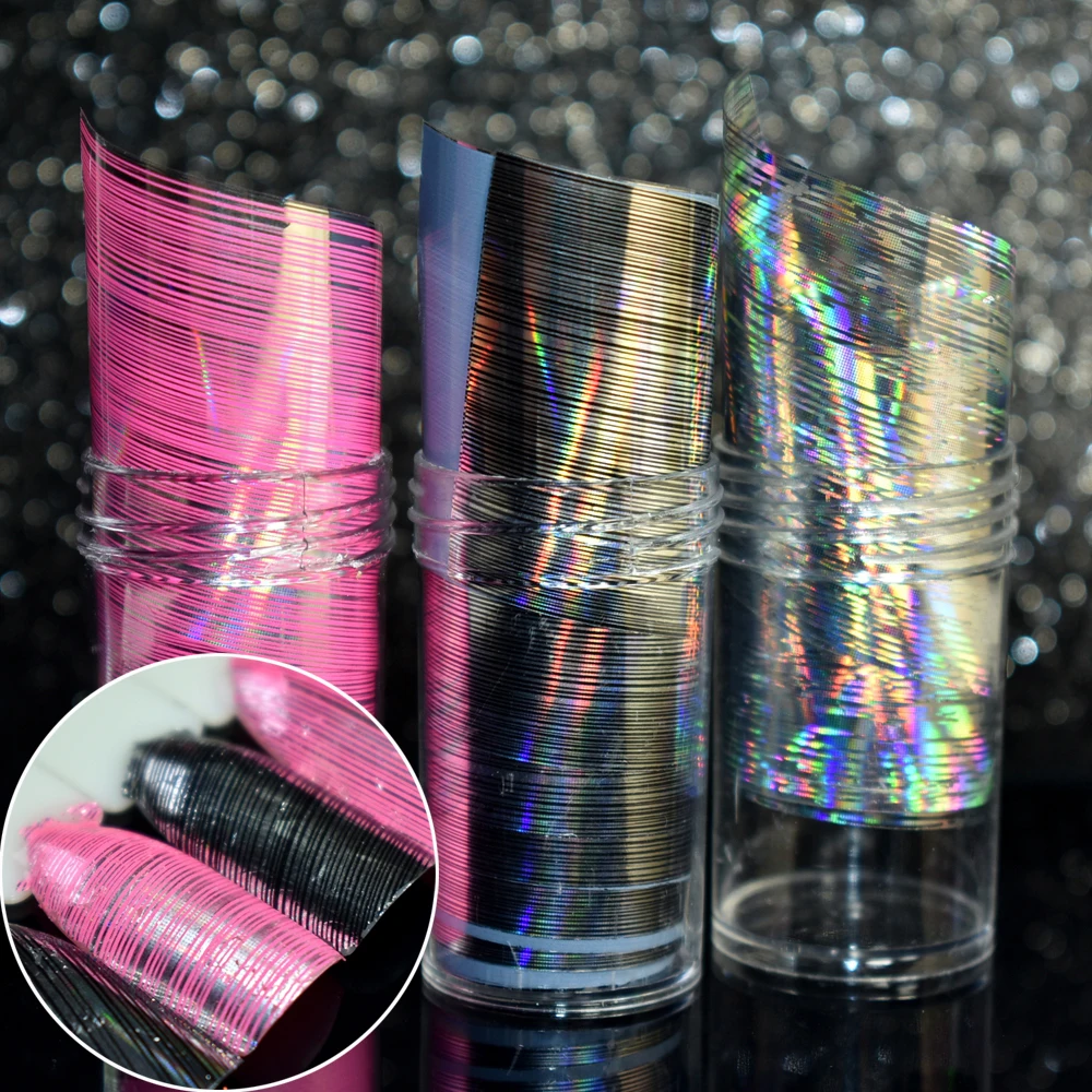

Super Sparkly Stripe Nail Foil Glue Transfer Nail Art DIY Decoration Paper Pink Black Clear Holo Sticker 3 Color