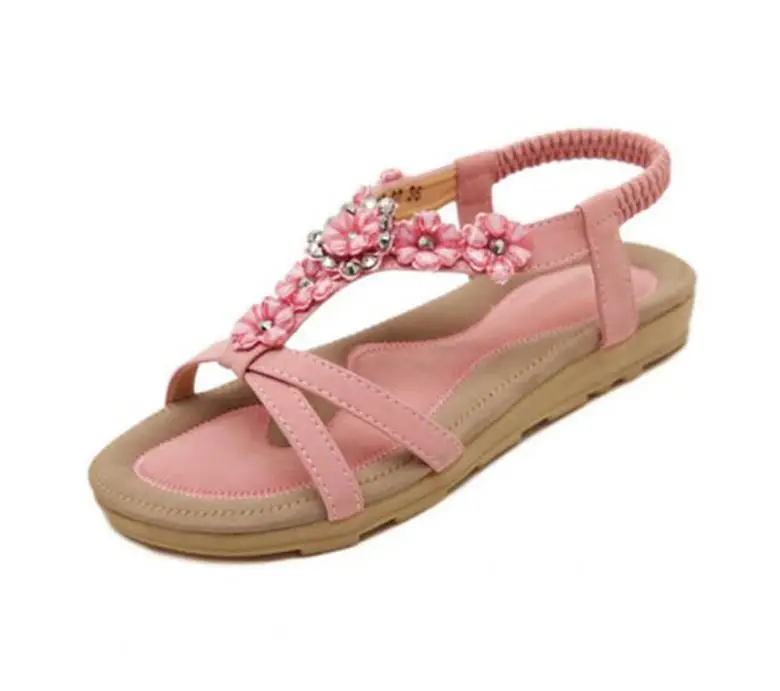 Timetangудобные босоножки на плоской подошве женская летняя обувь больших размеров женская пляжная обувь в богемном стиле с цветами, стразы - Цвет: Розовый