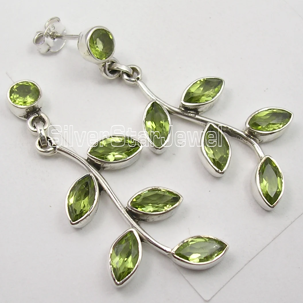 Silver Natural PERIDOT TREE LEAVES EXTRA ORDINARY Earrings 4 6 CM