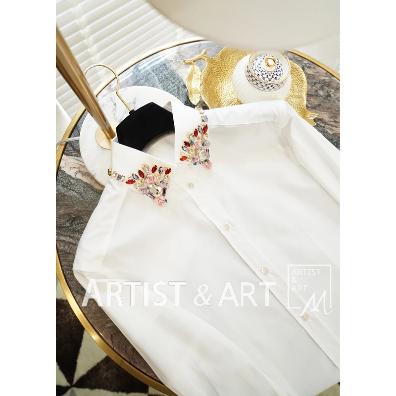 Svoryxiu взлетно посадочной полосы обычай хлопок белая блузка рубашки для мальчиков Женская высокого класса Цвет Кристалл алмазы воротни