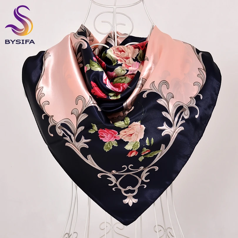 

[BYSIFA] Chinese Roses Square Scarves New Design Winter Women Silk Scarf Shawl Spring Satin Scarf Cape Navy Blue,Pink 90*90cm