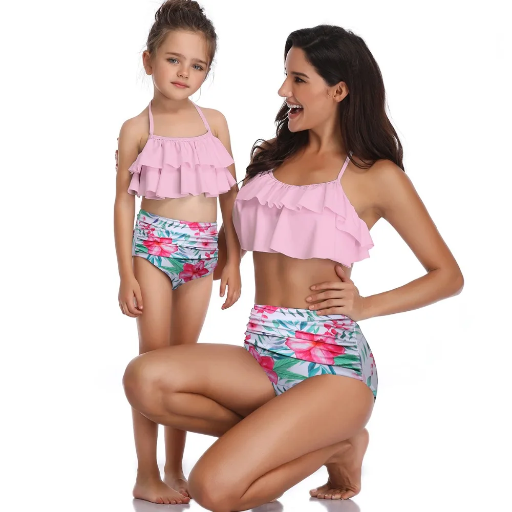 

2019 Family Matching swimwear Print Bikini Women Swimwear Women Ruffle Swimwear High Waist Swimsuit Female Swimming Suit