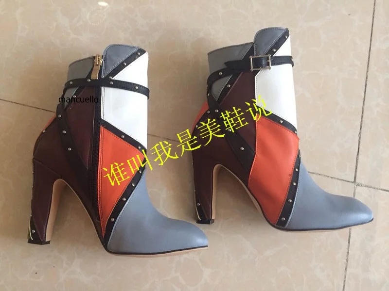 

Stylish Style Color Patchwork PU Leather Block Heels Short Boots Pretty Women Buckle Chunky Heel Ankle Boots Round Toe Zip Shoes