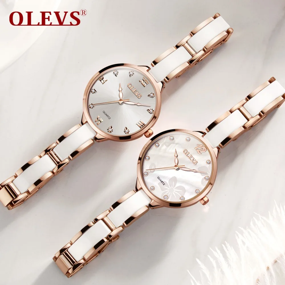 OLEVS, женские часы, роскошные, розовое золото, модные, Кристальные, водонепроницаемые, керамика, платье, бриллианты, женские часы, наручные часы, высокое качество, новинка