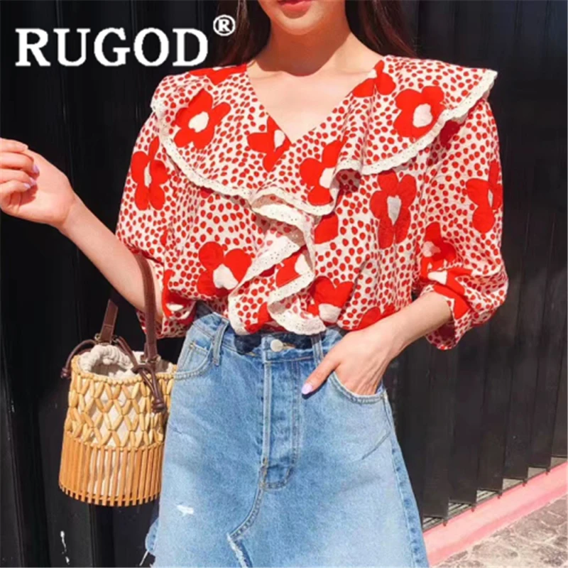 

RUGOD Women floral dot pattern blouse ruffled loose ruffles chic shirt 2019 new summer fashion female elegant sweet korean top