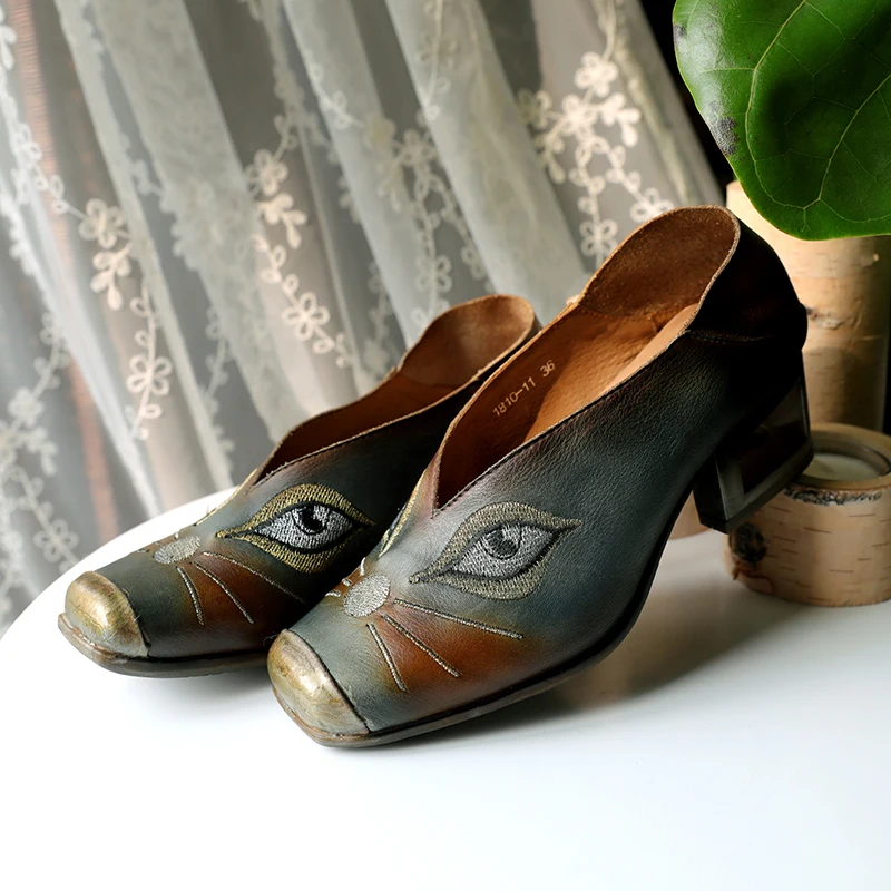 

Tayunxing handmade shoes Genuine leather Shallow med heel women pumps personality retro comfort 1810-11