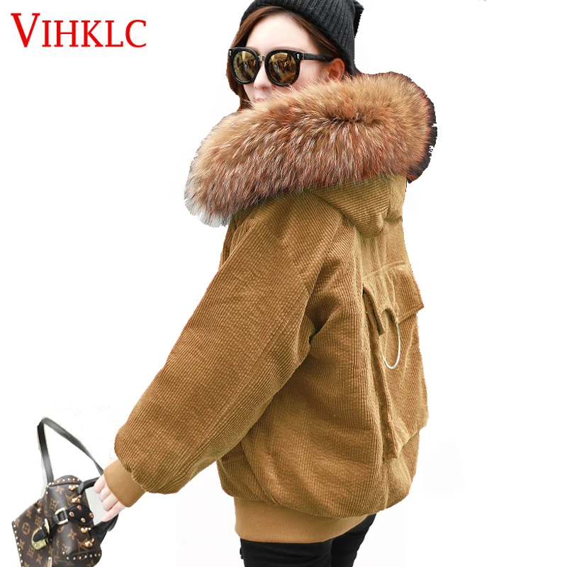 

Brand New 2018 Winter Loose Jacket Fashion Corduroy Women Hooded Large Fur Collar Warm Parka Coat H690