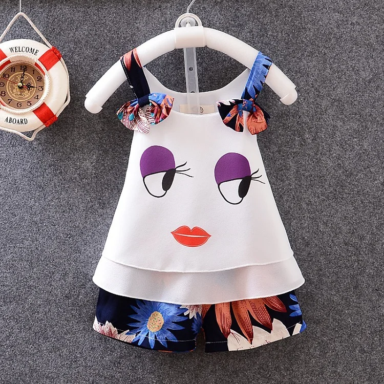 

baby girl clothes 2016 Summer casual girl's children's wear children's cartoon set sling two pieces vest suit girl sets