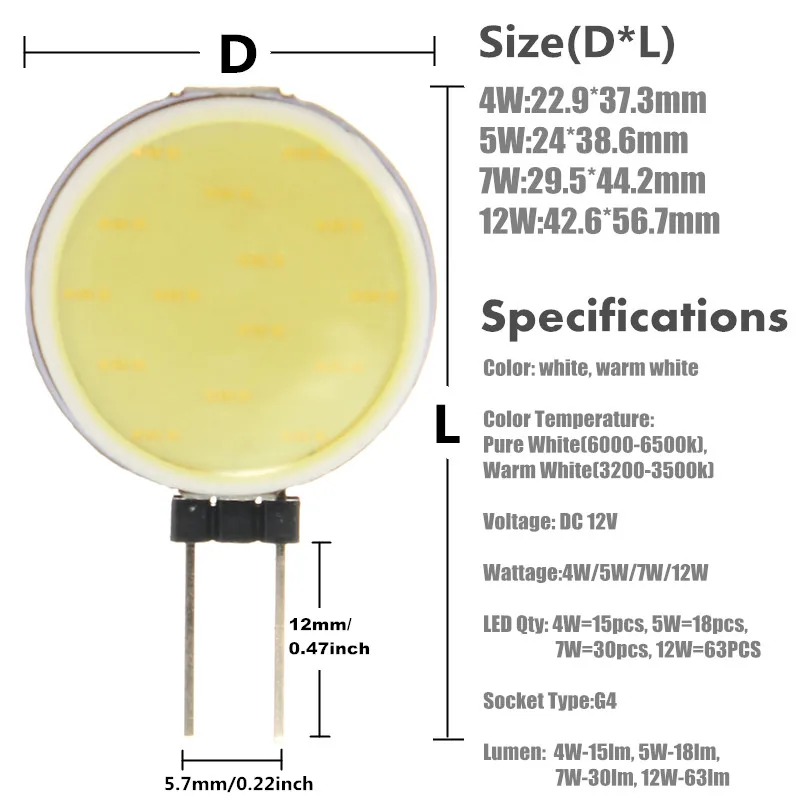 Высокое качество G4 COB 4 Вт 5 Вт 7 Вт 12 Вт Чистый теплый белый светодиодный 15 18 30 63 чипы заменить галогенные лампы Точечный светильник
