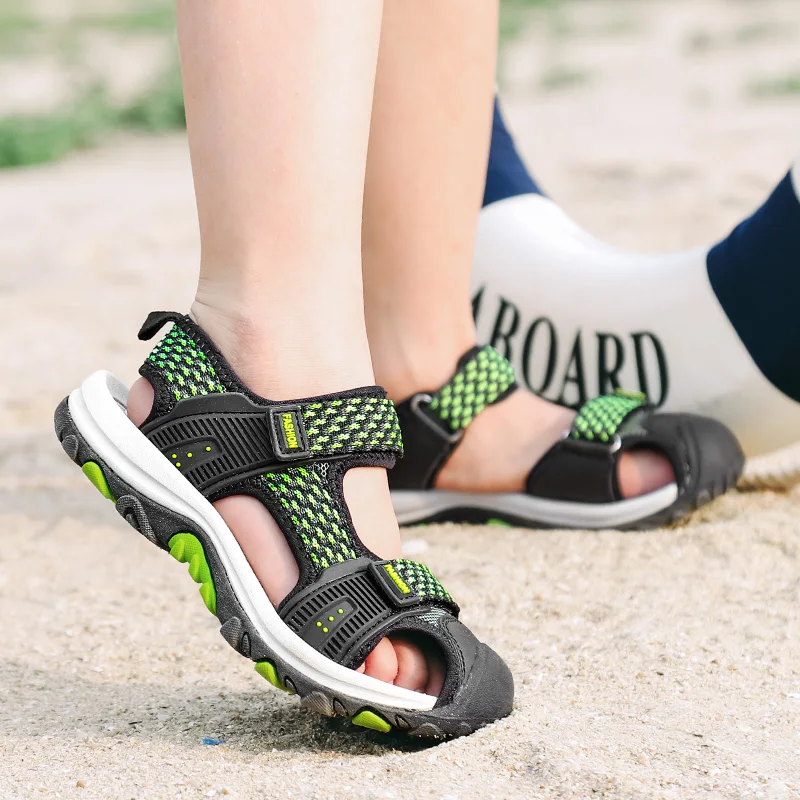ULKNN/пляжные сандалии для девочек с закрытым носком; летняя обувь для мальчиков; детские сандалии; повседневная детская обувь; спортивные сандалии с вырезами для малышей - Цвет: green