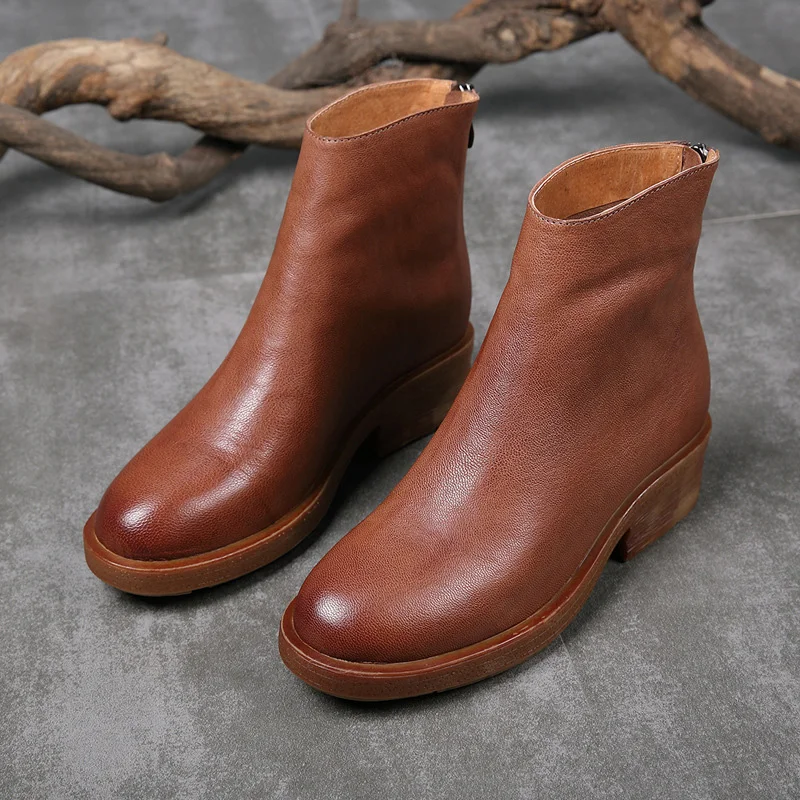 

New round head thick with low tube short boots female middle boots with low help literary retro leather women's boots