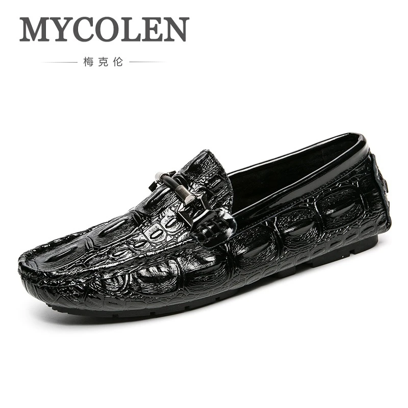 

MYCOLEN Spring/Autumn Men's Casual Black White Flats Shoes Slip-On Genuine Leather Top Quality Men Moccasins Scarpe Uomo Pelle