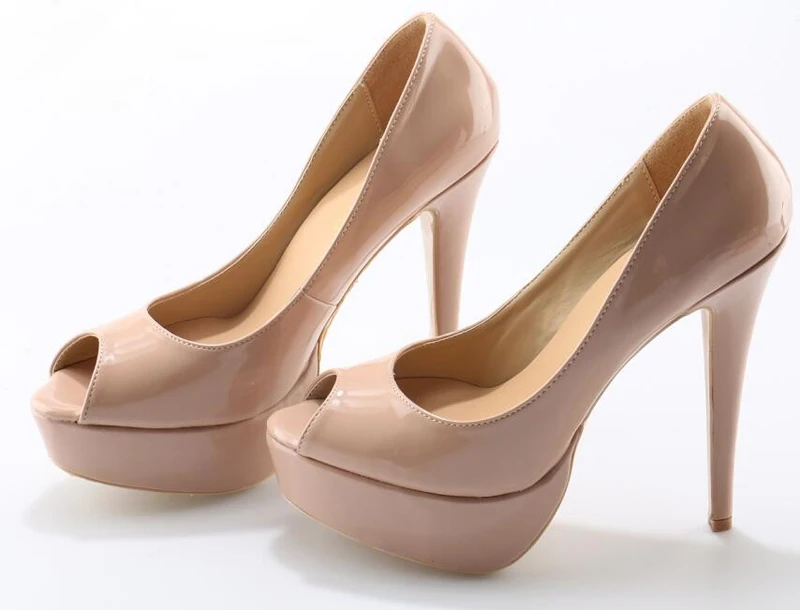 Nude-Patent-Leather-Woman-High-Heels-Pumps-14CM-Peep-toe-Banquet-Stiletto-Heel-Slip-On-Platform