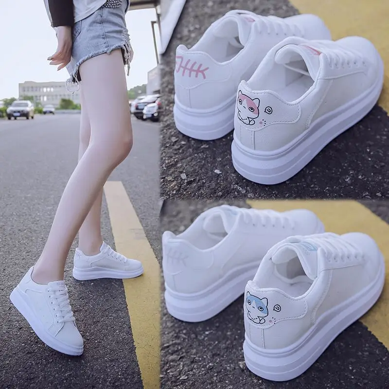 

Women Casual Shoes for Women Lace up Print Cat White Shoes Ladies Creepers Platform Flat shoes women Sneakers