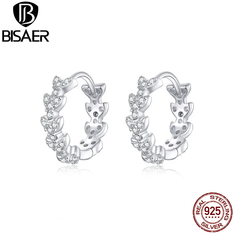 BISAER Wedding 925 Sterling Silver Flower Shape Stud Earrings for Women Luminous Cubic Zircon Earrings Jewelry EFE150