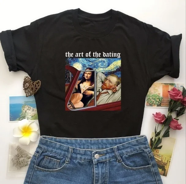 

kuakuayu HJN Streetwear Harajuku the Art of the Dating Tshirt Summer Hot Fashion Cotton T Shirt MonaLisa Print Tshirt