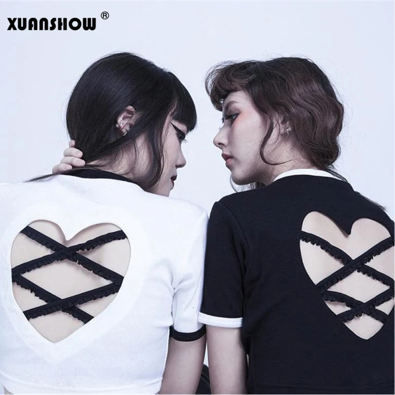 

XUANSHOW Vetement Femme 2018 Hollow Love Tassel Stitching Female T-shirts Short Sleeve Bottoming Fresh Sweet Friendship Crop Top