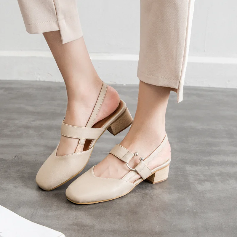 

2019 summer new fashion simple solid color high heel women comfortable versatile square heel casual single shoes