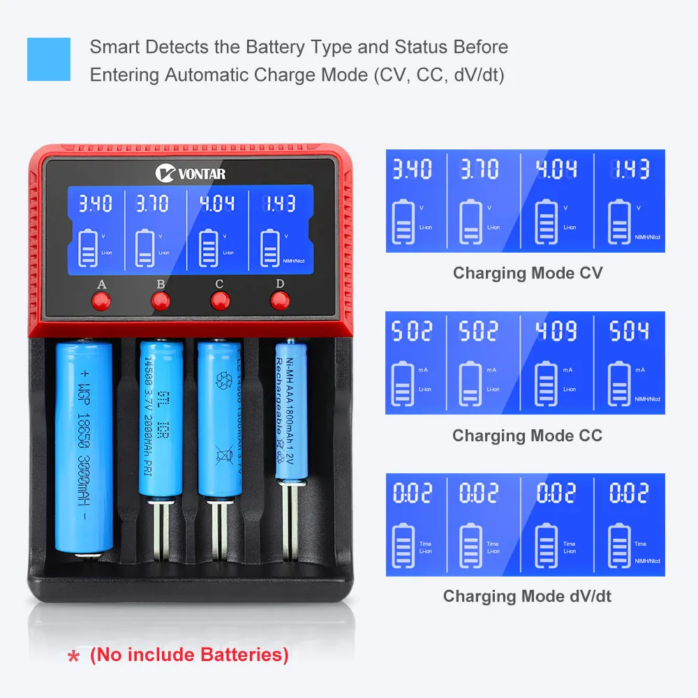 VONTAR Смарт ЖК-дисплей USB Батарея Зарядное устройство Smart для 26650 18650 18500 18350 17670 16340 14500 10440 литиевая батарея 3,7 V