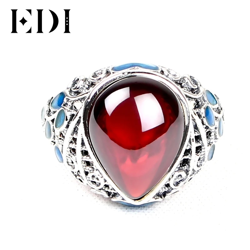 

EDI 925 Sterling Silver Vintage Rings Retro Red Garnet Gems Rings Dripping Garnet Cloisonne Female Big Ring for Women