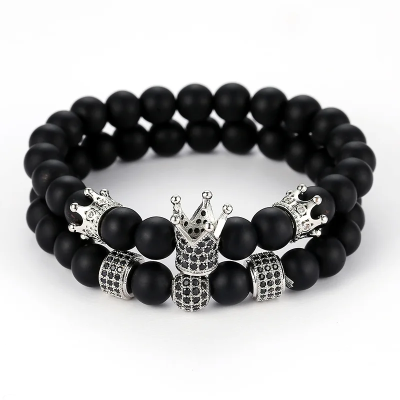 

2pc/sets CZ Charm Crown Bracelet men Classic Natural Stone Beads Bracelets for Women Jewelry men pulseras mujer