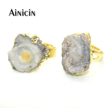 

Natural Druzy Crystal Mushroom Free Form Shape Adjustable Finger Ring Gold Plating Fashion Women Jewelry