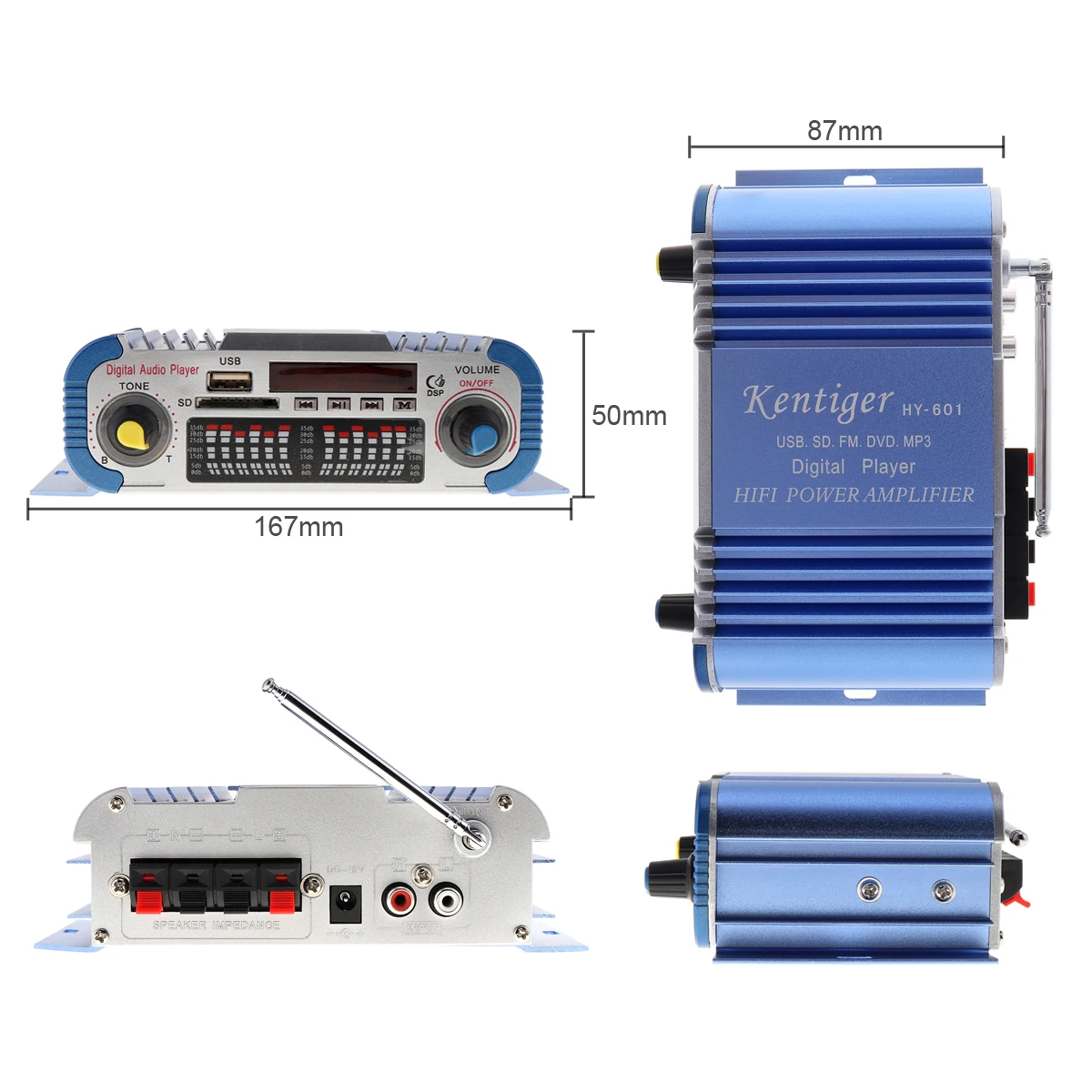 HY601 2 канала Hi-Fi мини цифровой Мотоцикл Авто Стерео усилитель мощности звуковой режим аудио музыкальный плеер USB FM для автомобиля дома