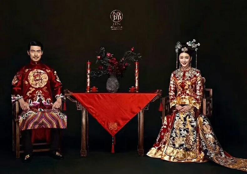Длинное китайское свадебное платье Cheongsam Qipao Ретро Длинный цветок Феникс Платье с рисунком китайская пара свадебный наряд жениха