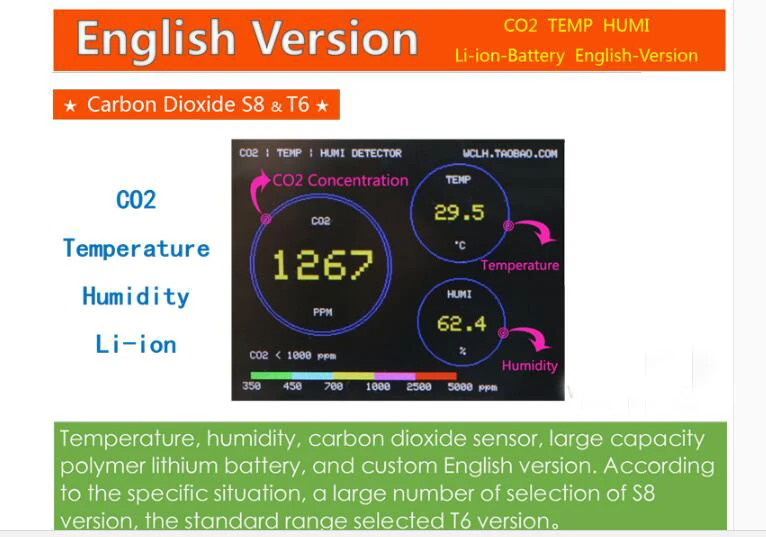 10000ppm S8 CO2 датчик CO2 детектор с температурой и влажностью TFT lcd с батареей