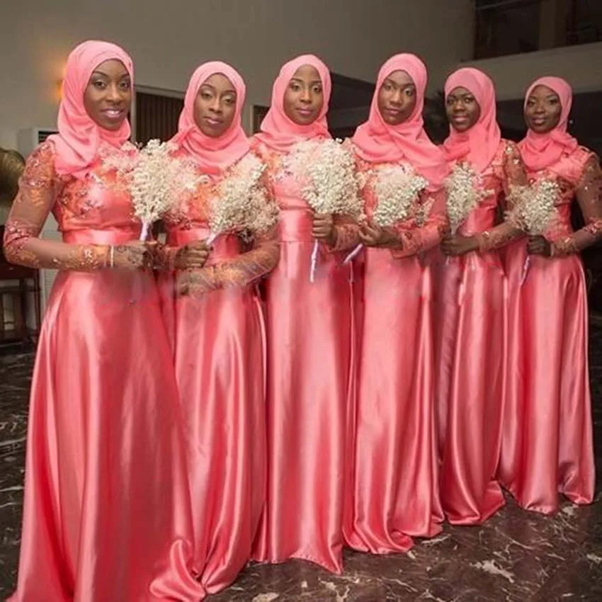 

Kaftan Muslim 2017 New Arrival Robe De Soiree Red Appliques Saudi Arabia Bridesmaid Dresses Long Sleeves Hijab Party Gown