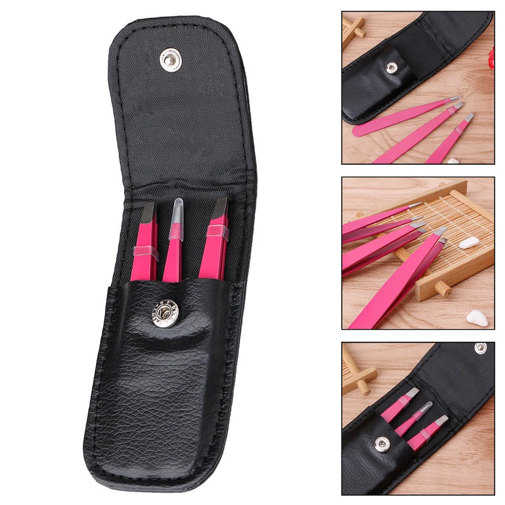 3Pcs/set Eyebrow Tweezers Stainless Steel Point Tip/Slant Tip/Flat Tip Hair Removal Makeup Tools Accessory with Bag Case