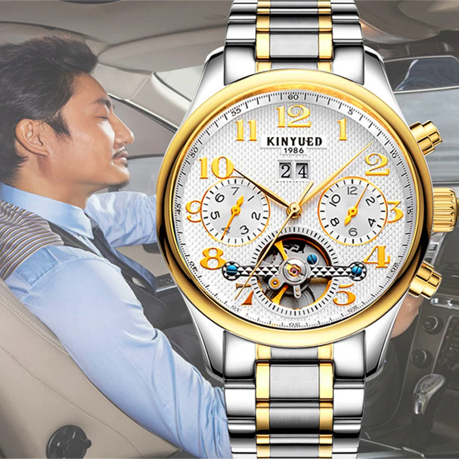 Часы наручные KINYUED Мужские механические деловые автоматические с календарем и